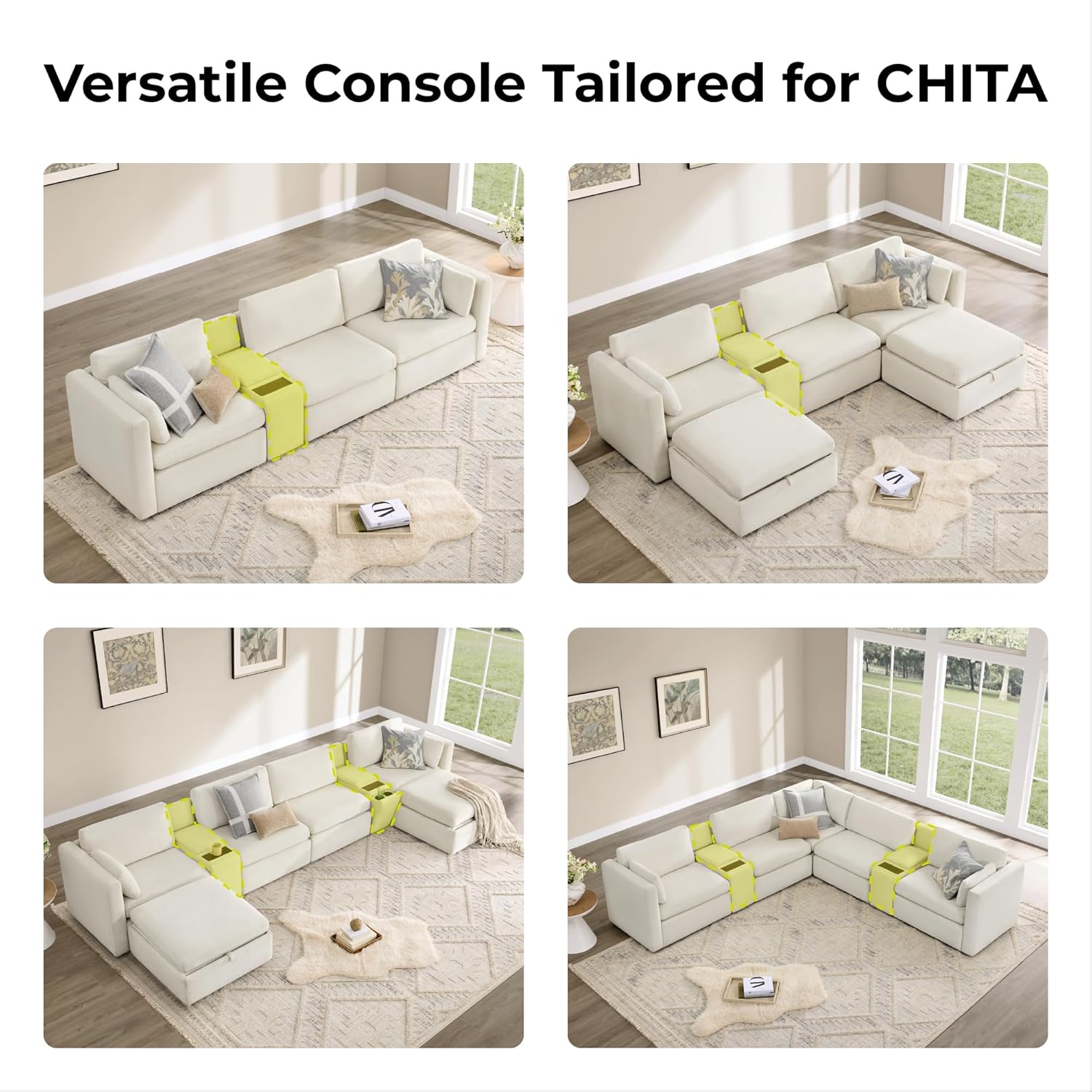 CHITA Versatile Storage Console for Modular Sofa, Multifunctional Side Table with Dual Cup Holders, Table, No Need Assembly, Linen
