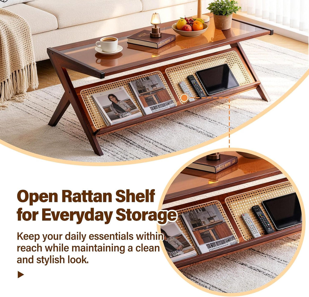 Tiita Rattan Coffee Table, Bamboo Accent Bedside Tables, Glass Nightstand Side Table, Boho Wooden End Table with Storage for Living Room,Living Room, Dining Room, Tea, Home Décor
