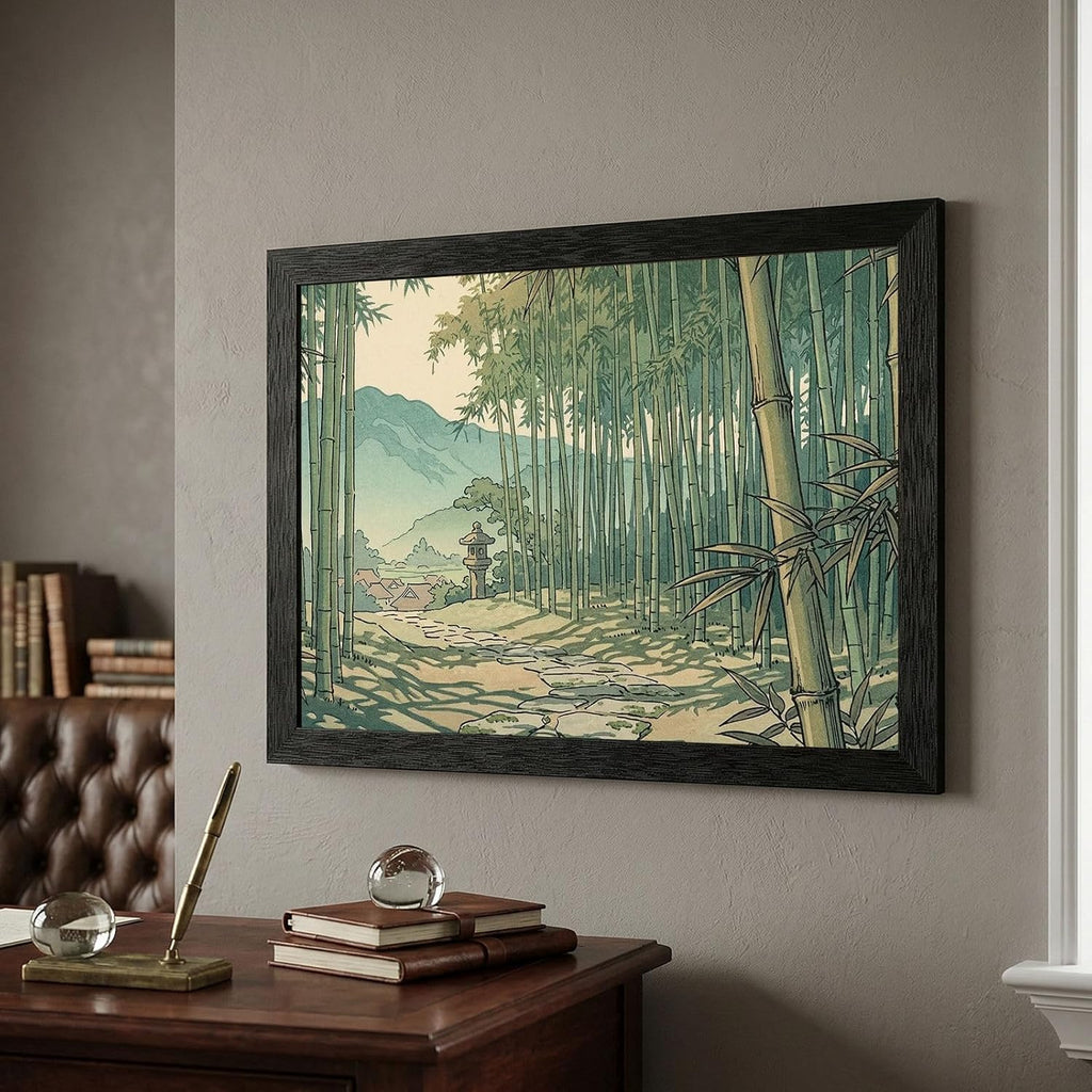 Framed Wall Art - Tranquil Bamboo Grove Japanese Style Woodblock Print in Premium Black Frame - Midday Nature Landscape Decor - Ready to Hang 16x20-24x36 Inch