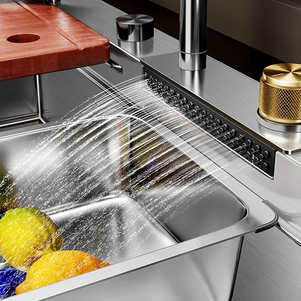 Stainless Steel Kitchen Sink Integrated Waterfall & Pull-Down Faucet Set - Large Bowl Sink with Nano Coating Farmhouse Workstation Sink Kit(