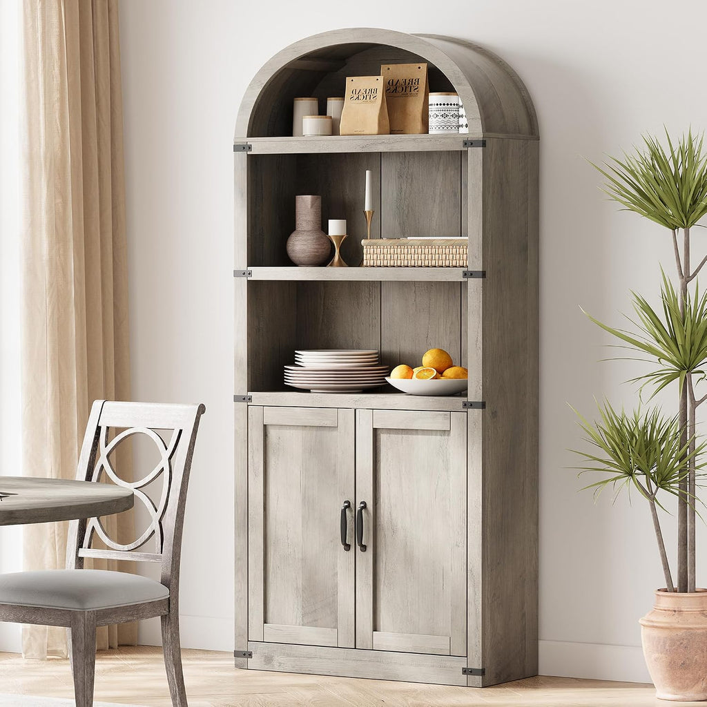 GarveeHome Bookcase with Doors Arched Bookshelf 71.65 in Tall Bookcase Farmhouse Cabinet with Shelves Wooden Bookshelves for Home Office, Living Room (Grey)