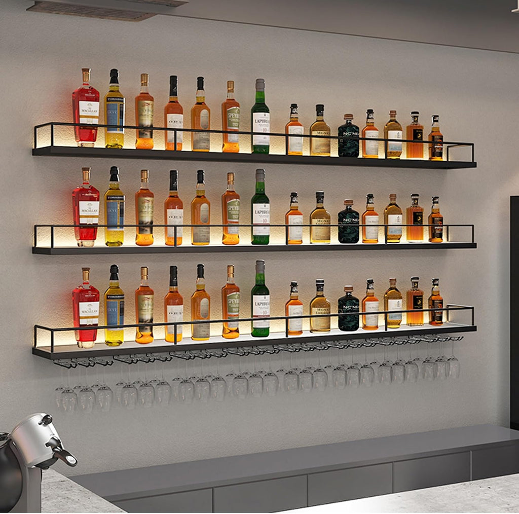Wine Rack Wall Mounted Floating Bar Shelves with Hanging Wine Glass Holder Rack Liquor Bottle Display Shelf with LED Light for Liquor Bottles for Home Bar Dining Room Living Room Kitchen(Black,100cm(3