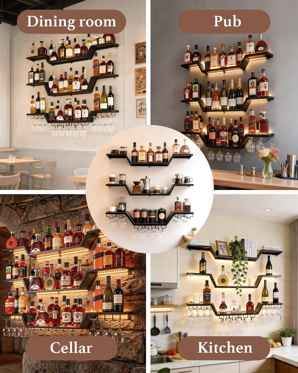 47.2 in Wall Mounted Wine Rack with Glass Holder,3-Tier | LED Light Floating Bar Shelves ,Wave Design, DIY Combinable, Heavy-Duty Metal Display for Home Bar, Cafe Decor