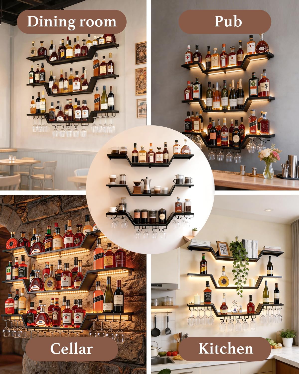 47.2 in Wall Mounted Wine Rack with Glass Holder,3-Tier | LED Light Floating Bar Shelves ,Wave Design, DIY Combinable, Heavy-Duty Metal Display for Home Bar, Cafe Decor