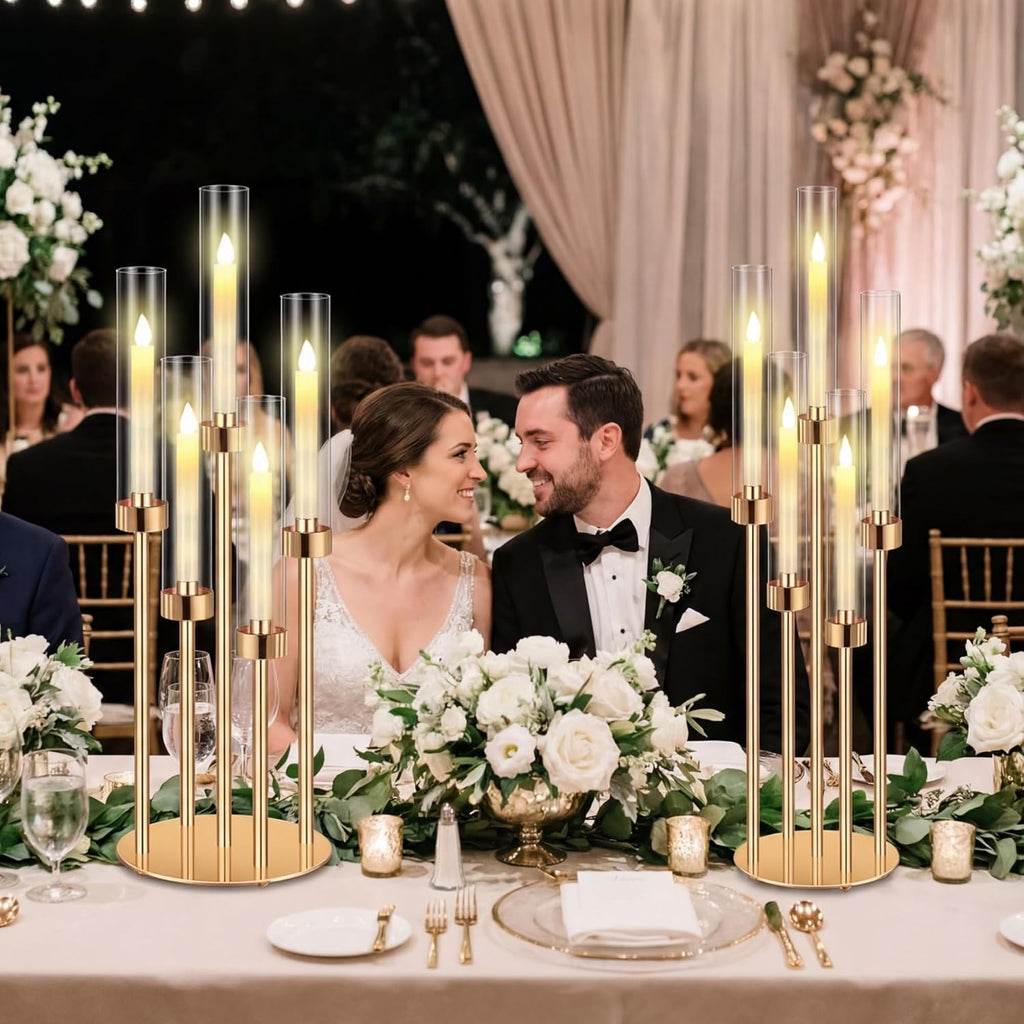 Tandefio 8 Set Gold Candelabra Centerpieces for Tables, 26.8 Inch 5 Arm Candle Holders with LED Candles and Acrylic Cylinders, Tall Acrylic Wedding Table Centerpieces for Reception Dinner Party Decor