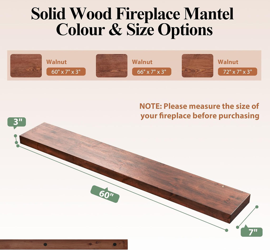60 Inch Fireplace Mantel Shelf - 7' Deep Solid Wood Floating Mantel for Over Fireplace - 90LBS with Invisible Bracket - Handcrafted TV Decor for Livingroom & Bedroom - Walnut