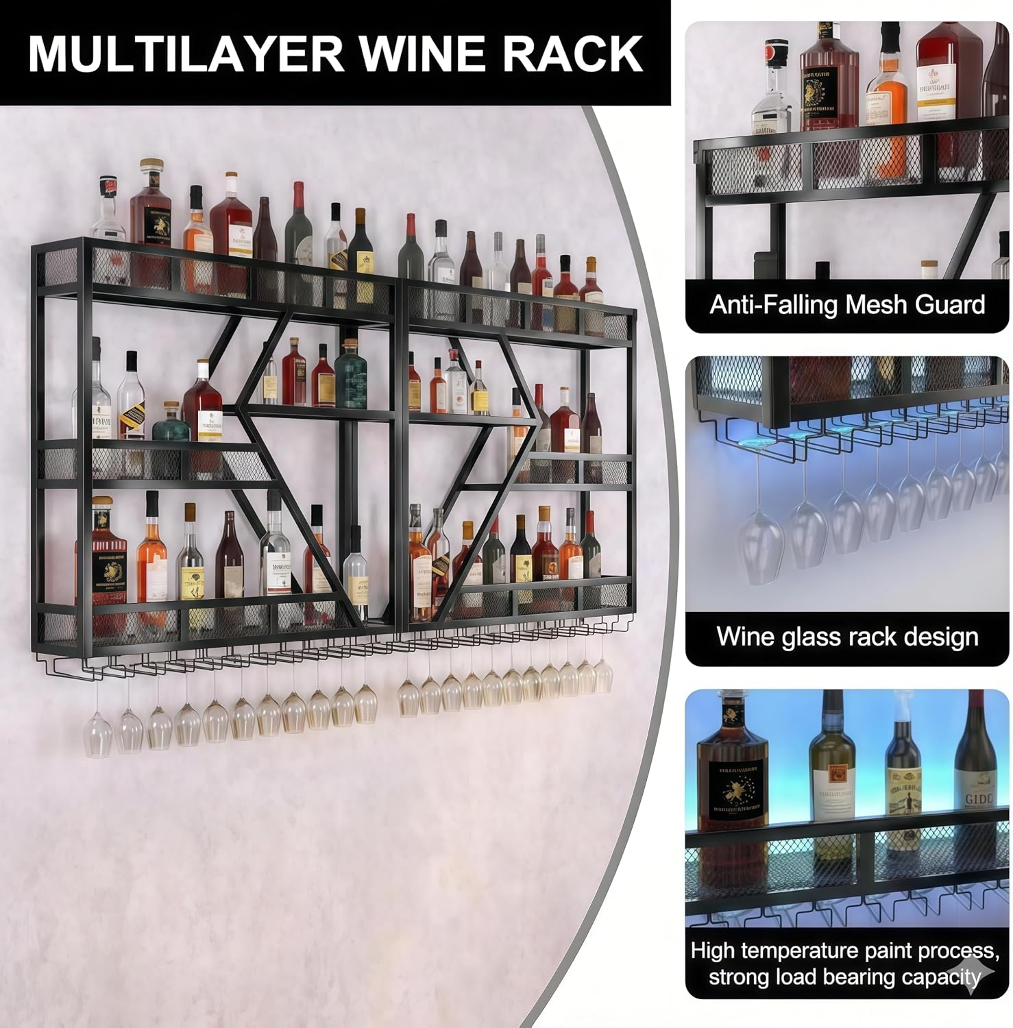 79in Wall Mounted Liquor Shelves with LED Lights, Industrial Metal Wall Bar Rack with Wine Glass Holder, Large Bottle Display Shelf for Home Kitchen (Black)