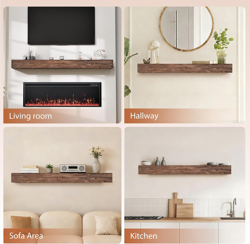 72 Inch Fireplace Mantel Shelf - 8' Deep Solid Wood Floating Mantel for Over Fireplace - 120LBS with Invisible Bracket - Handcrafted TV Decor for Livingroom & Bedroom - Charred Rustic Brown