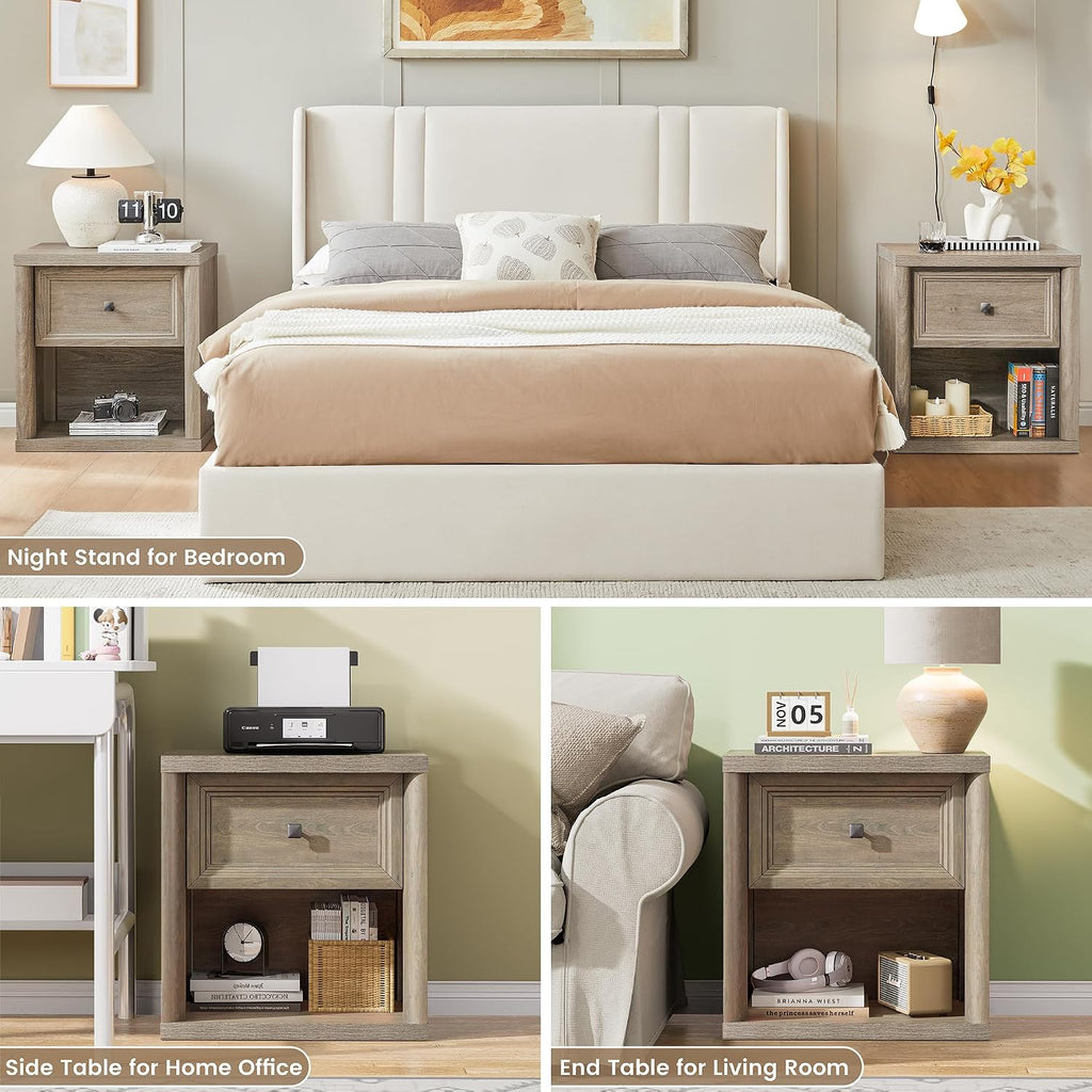 Standifurno Farmhouse Night Stand Set of 2, Grey Nightstands with Drawer Storage, Wood Large Side Tables End Table, 22.6' Wide Bedside Tables Night Stands for Bedroom Room Sofa Couch Office