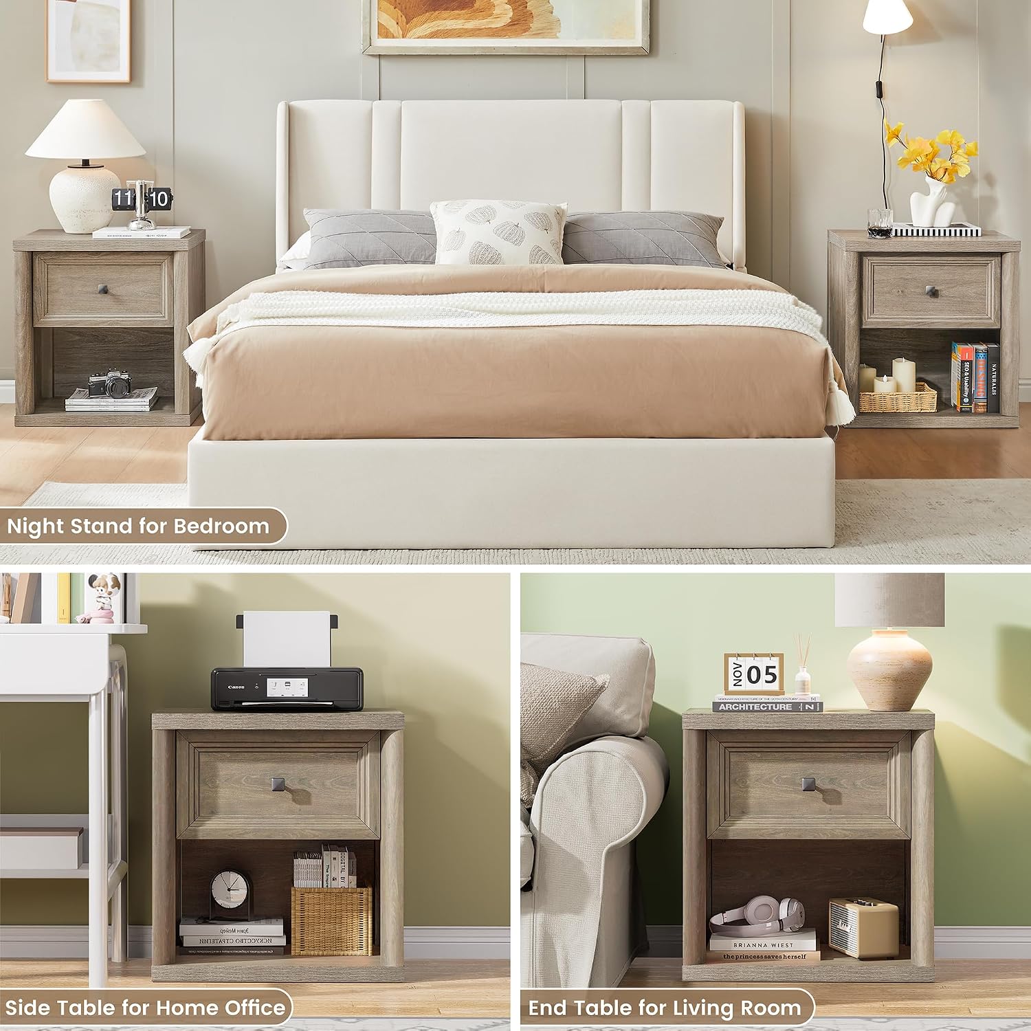 Standifurno Farmhouse Night Stand Set of 2, Grey Nightstands with Drawer Storage, Wood Large Side Tables End Table, 22.6' Wide Bedside Tables Night Stands for Bedroom Room Sofa Couch Office