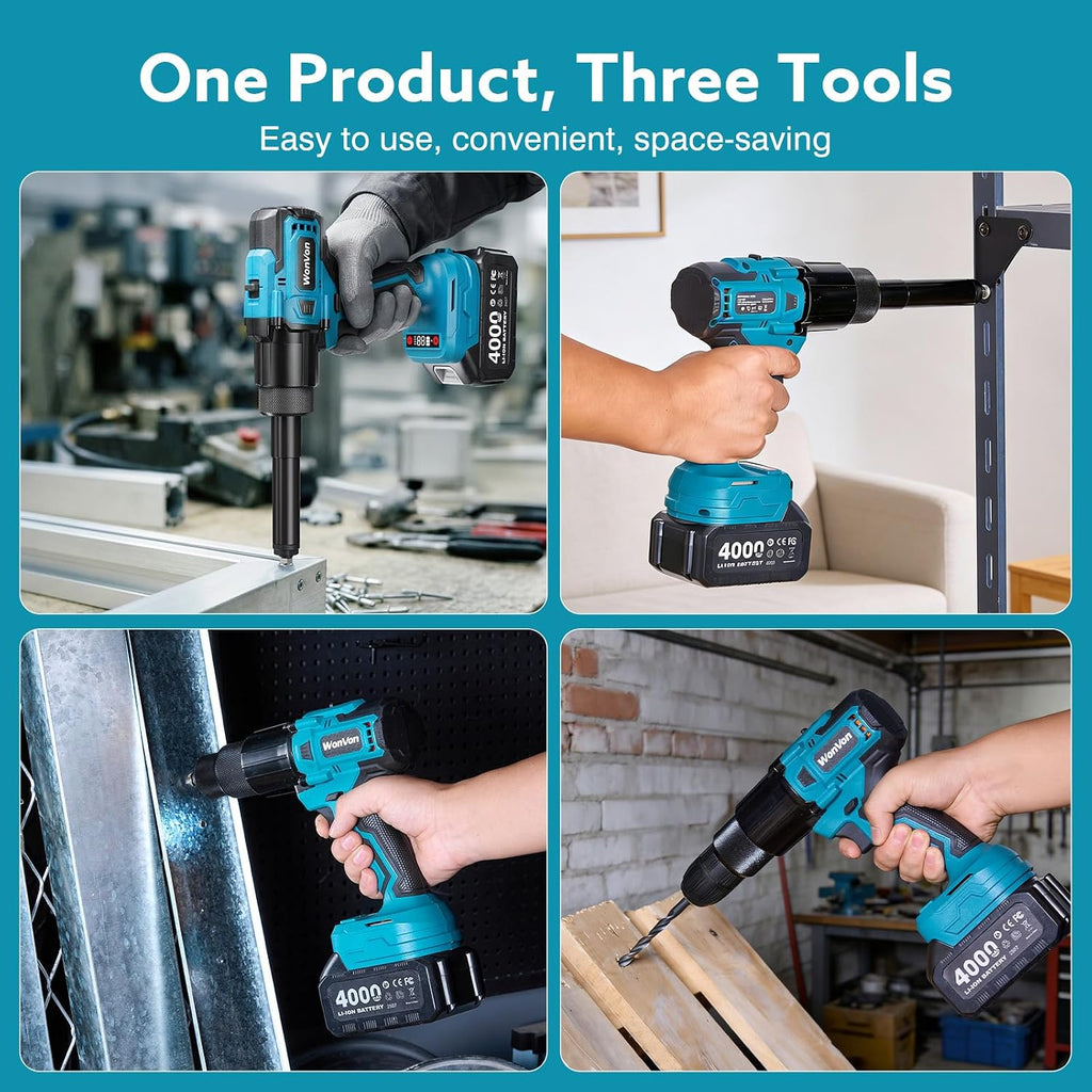 3-in-1 Cordless Electric Rivet/Nut/Drill Gun Tool for Nutsert(10/24' & 1/4' & 5/16' & 3/8'),Rivets(1/8'', 5/32'', 3/16'),Drill(3/16', 7/32', 1/4', 5/16'), Portable Battery Powered Pop Rivet Nut Drill