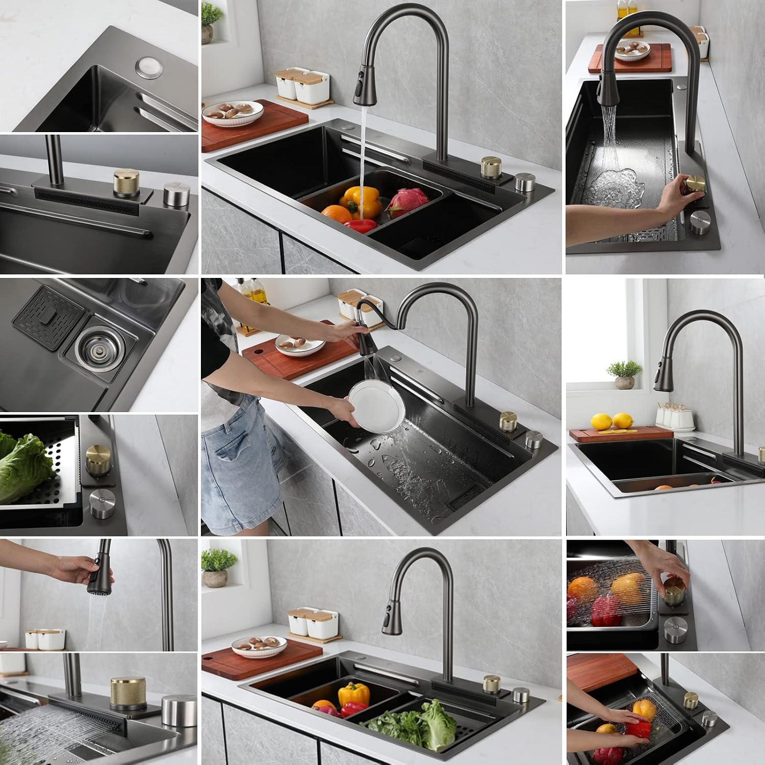 Single-Bowl Sink with Waterfall Pull-Down Faucet and Complete Accessory Set Versatile Stainless Steel Kitchen Workstation Sink (Color : Black, Size : 68x45x22cm) (Black 75x45x22cm)
