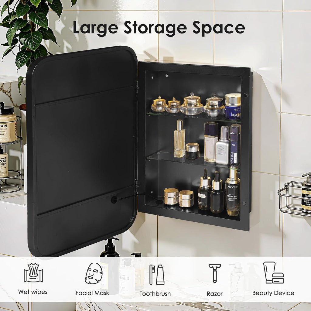 soges LED Medicine Cabinet Lighted Bathroom Mirror, Bathroom Vanity Mirror with 2 Storage Shelves, 24'x 16' Recessed Medicine Cabinet, Wall Mounted Deep Metal Framed Rounded Corner, Black