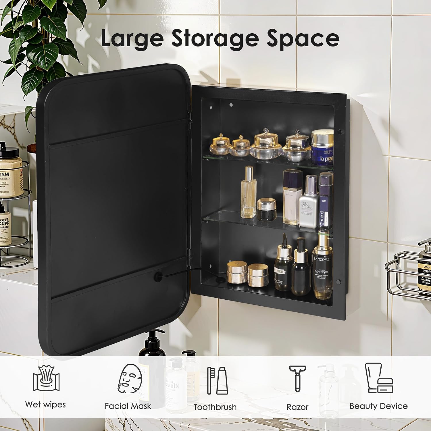 soges LED Medicine Cabinet Lighted Bathroom Mirror, Bathroom Vanity Mirror with 2 Storage Shelves, 24'x 16' Recessed Medicine Cabinet, Wall Mounted Deep Metal Framed Rounded Corner, Black