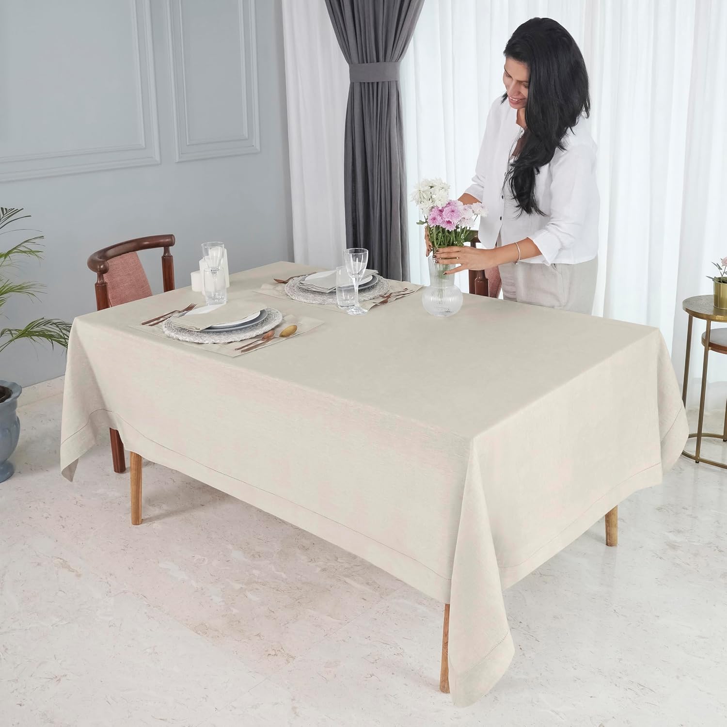 D'Moksha Homes Light Natural Linen Tablecloth 60 x 156 Inch - 100% Pure Linen Natural Tablecloth for Rectangle Tables - Classic Hemstitch, Machine Washable Table Cloth for Mothers Day, Spring