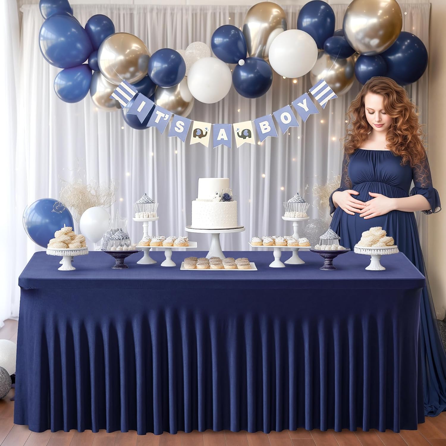 Shillance 6 Packs Navy Blue Spandex Tableclothes for 8 Foot Rectangle Table, Spandex Table Covers 8FT Stretch Table Skirts Wrinkle Free Fitted Tablecover for Event, Wedding, Banquet & Parties