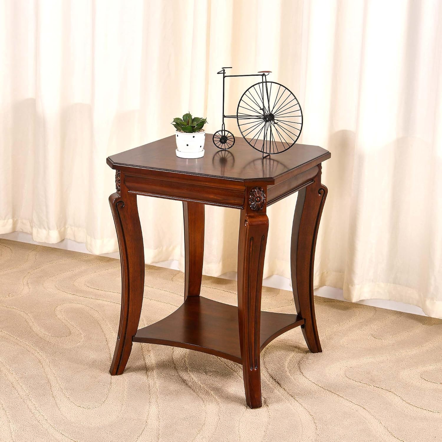 PADMA HOUSE Solid Wood Small End Table with Storage Shelf, Vintage Square Sofa Side Table with Splicing Tabletop and Curved Legs, 2-Tier Bedside Tables Nightstand in Cherry,19.7' Dx23.8 H