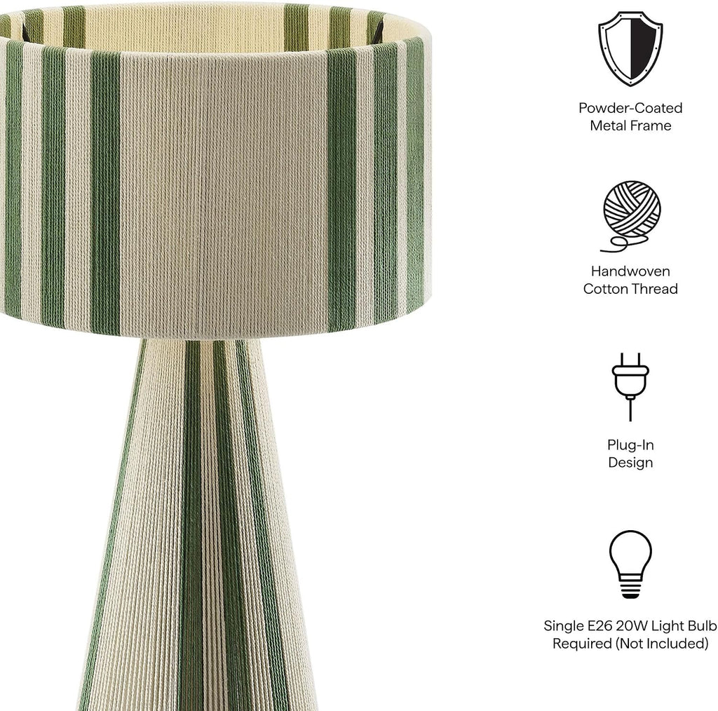 Modway Gia Vintage Modern Cotton Thread Table Lamp in Basil Green - Unique Retro Boho Accent Lamp with Metal Base and Repeating Stripes Design