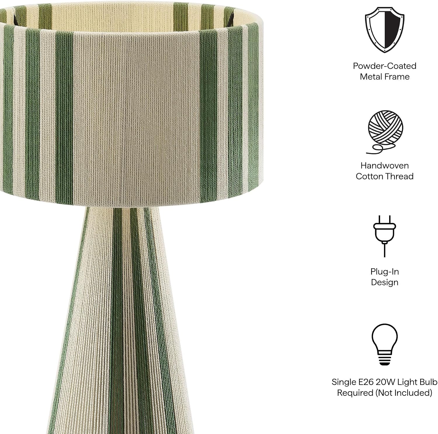 Modway Gia Vintage Modern Cotton Thread Table Lamp in Basil Green - Unique Retro Boho Accent Lamp with Metal Base and Repeating Stripes Design