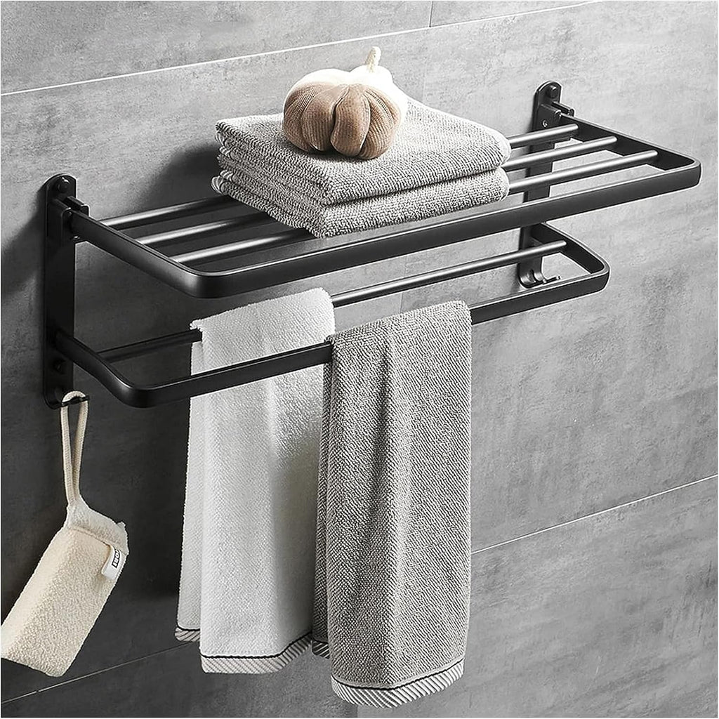 Bathroom Shelf Wall Floating Bathroom Bathroom Towel Rack 23.6 Inches Foldable Wall Mounted Double Towel Holder Bathroom Accessories No Drilling with Two Towel Bars Floating Shelves Corner Shower Cadd