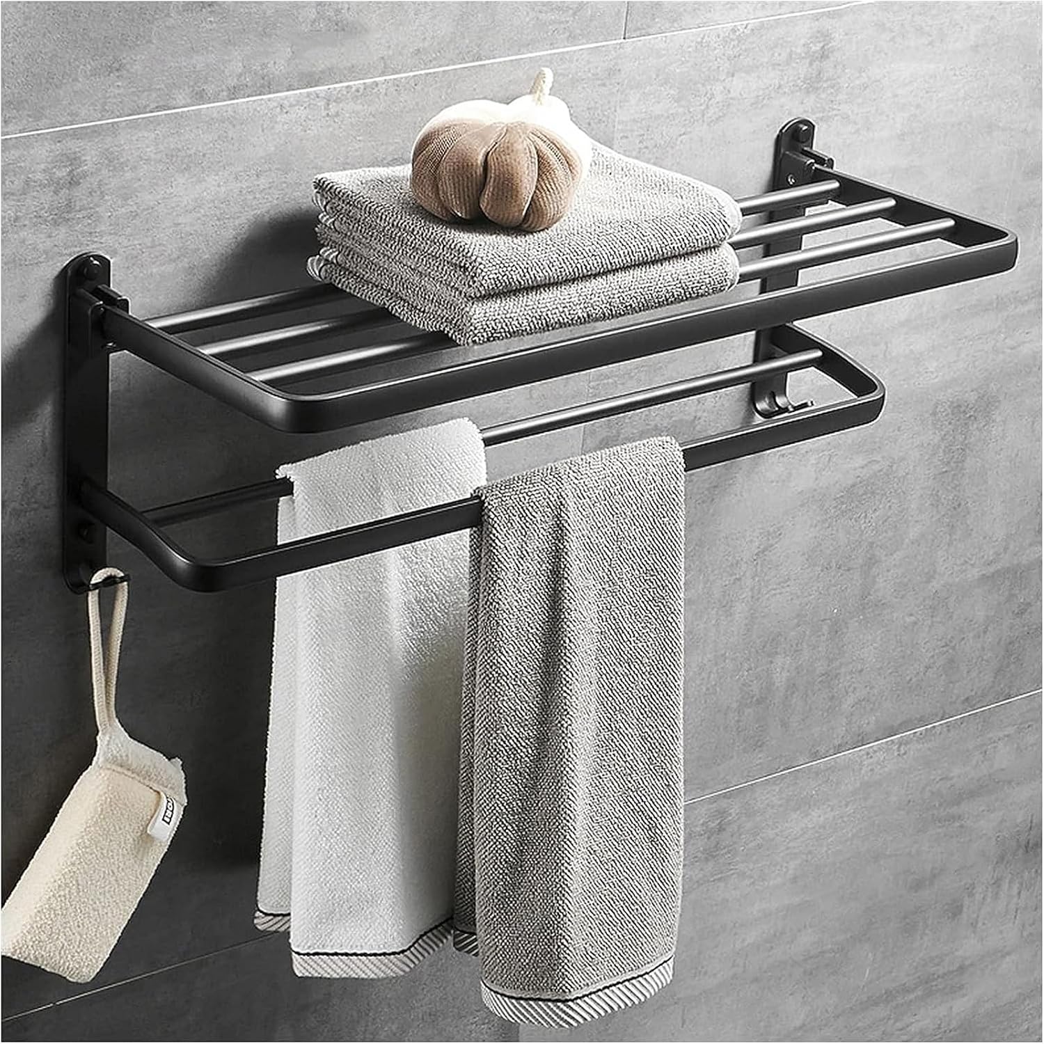 Bathroom Shelf Wall Floating Bathroom Bathroom Towel Rack 23.6 Inches Foldable Wall Mounted Double Towel Holder Bathroom Accessories No Drilling with Two Towel Bars Floating Shelves Corner Shower Cadd