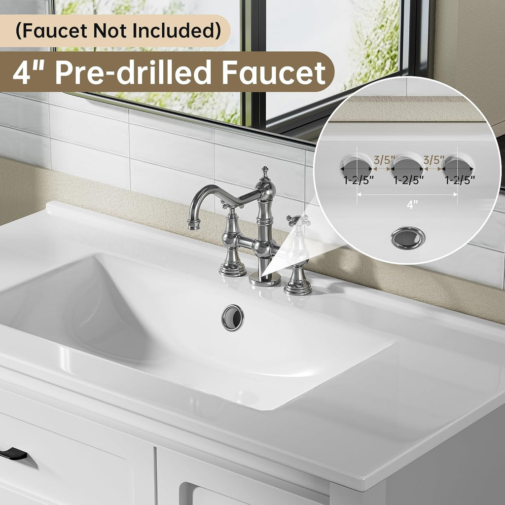 36' Ceramic Bathroom Vanity Sink Top, Modern White Vanity Top for cabinet with Triple Faucet Holes