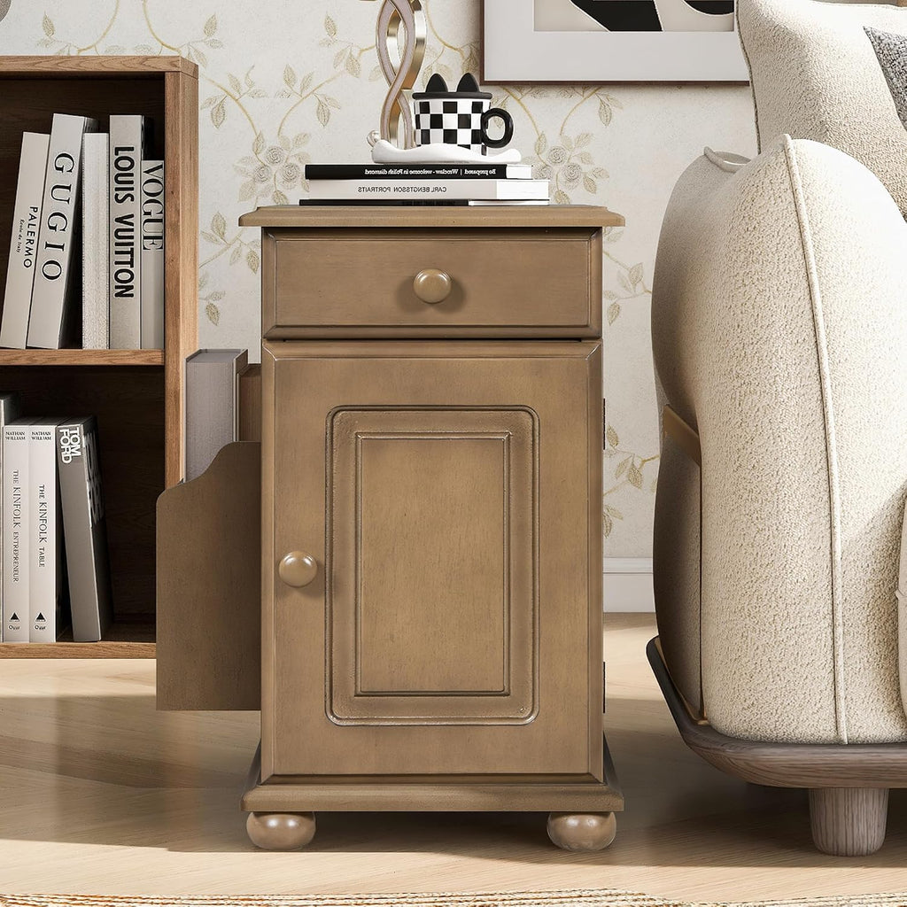 Multifunctional Vintage End Table Flip Top Side Table with USB Ports and 1 Drawer with Cup Holders, Sofa Side Narrow Table Nightstand with Bookshelf for Living Room Bedroom (Brown-5.8)