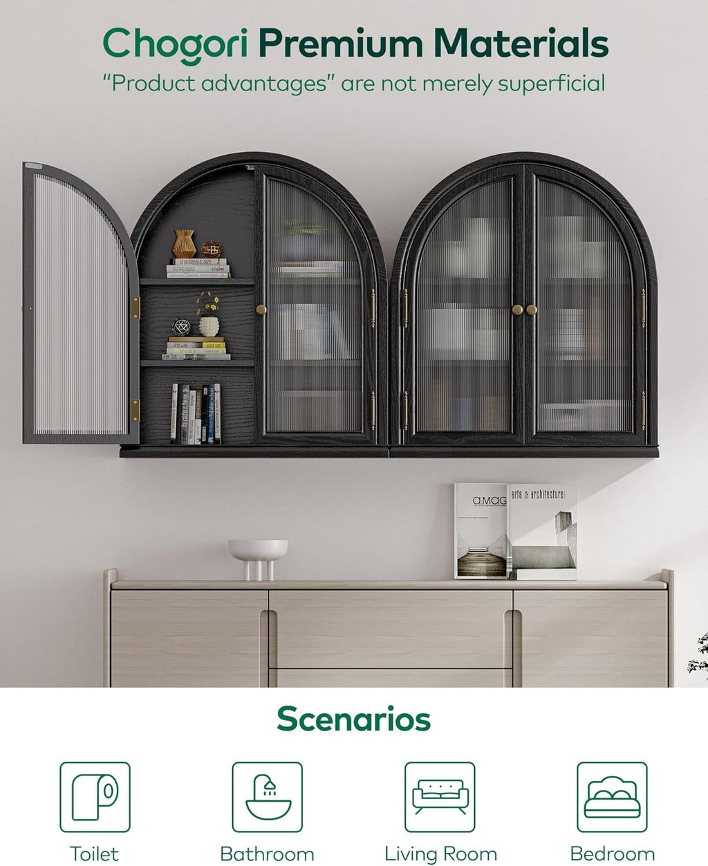 Chogori Solid Wood Arched Bathroom Wall Cabinet, 27x24x9 Inch Over The Toilet Storage Cabinet with Acrylic Doors & 3 Adjustable Shelves, Wall Mounted Cabinet for Bathroom, Kitchen, Laundry Room, Black