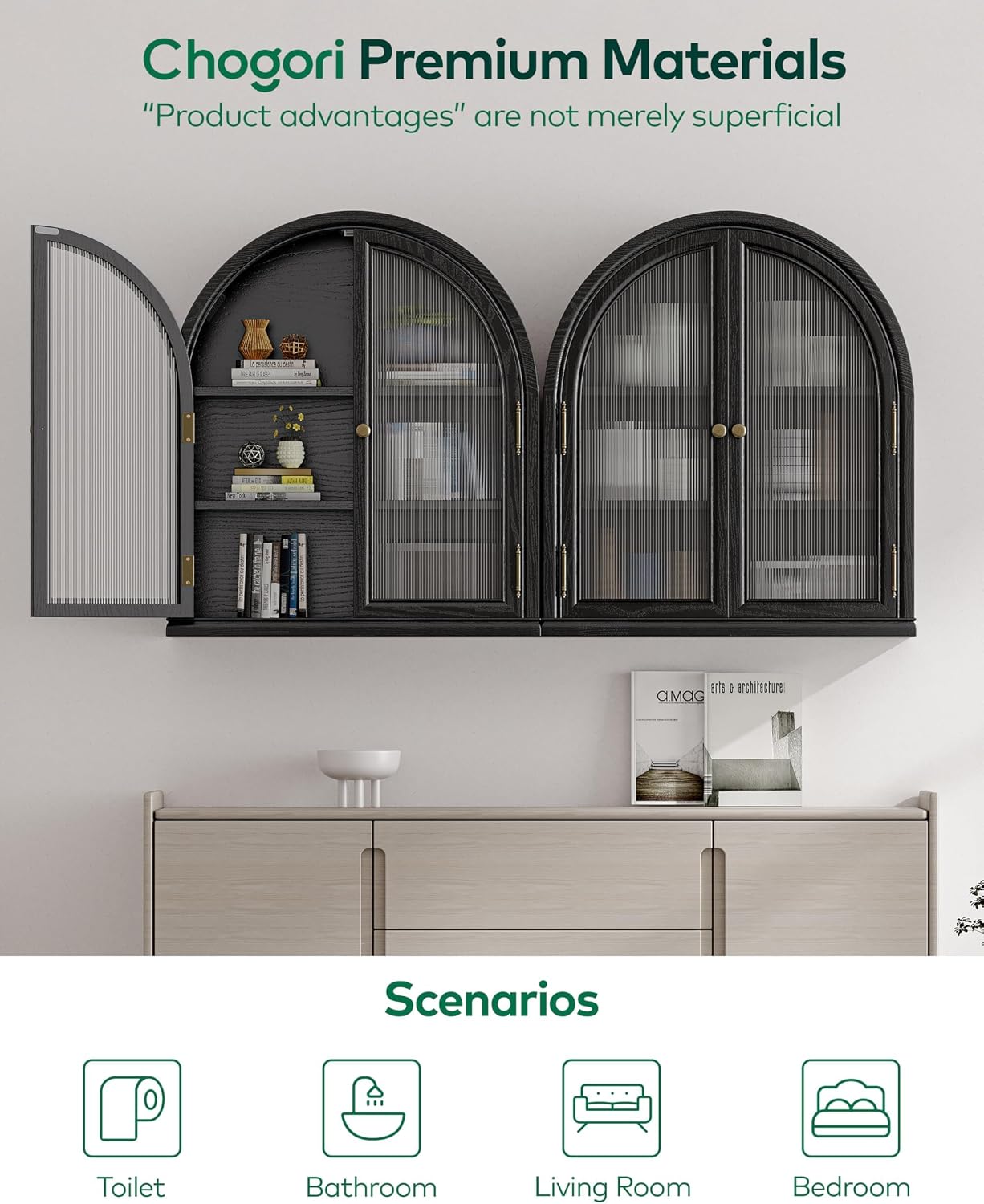 Chogori Solid Wood Arched Bathroom Wall Cabinet, 27x24x9 Inch Over The Toilet Storage Cabinet with Acrylic Doors & 3 Adjustable Shelves, Wall Mounted Cabinet for Bathroom, Kitchen, Laundry Room, Black