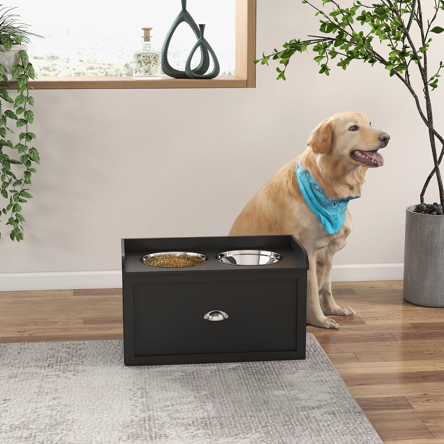 Dog Feeding Station with Storage Drawer, Dog Food Storage Cabinet with 2 Removable Elevated Dog Bowls for Large Sized Dogs, Black