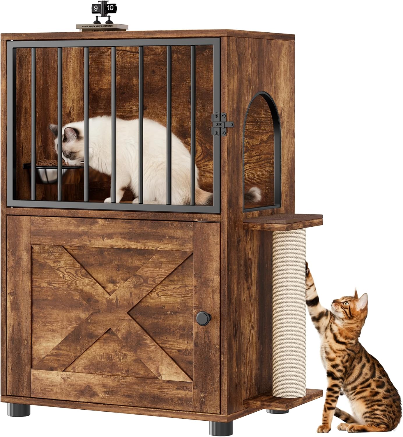 Cat Feeding Station, Dog Proof Cat Feeding Station with Scratching Post, Elevated Food Bowls with Stand, Cats Tree with Food Storage for Small Spaces, Pet House Furniture (Vintage)