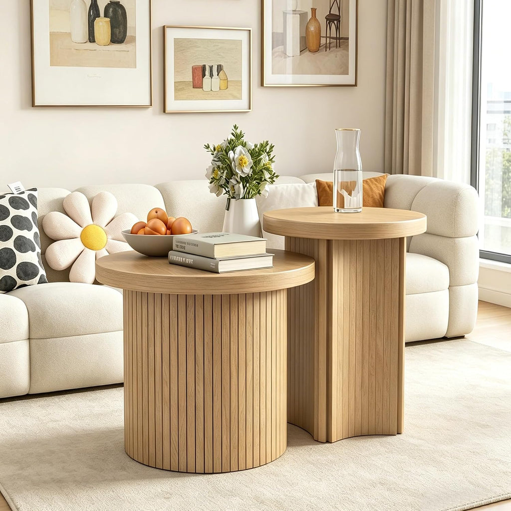 Round Nesting Coffee Table Set, Stackable Small Wood Grain Coffee Tables, Modern Space‑Saving Round Side End Tables for Living Room, Apartment, Bedroom, Small Spaces, Easy Assembly Home Furniture