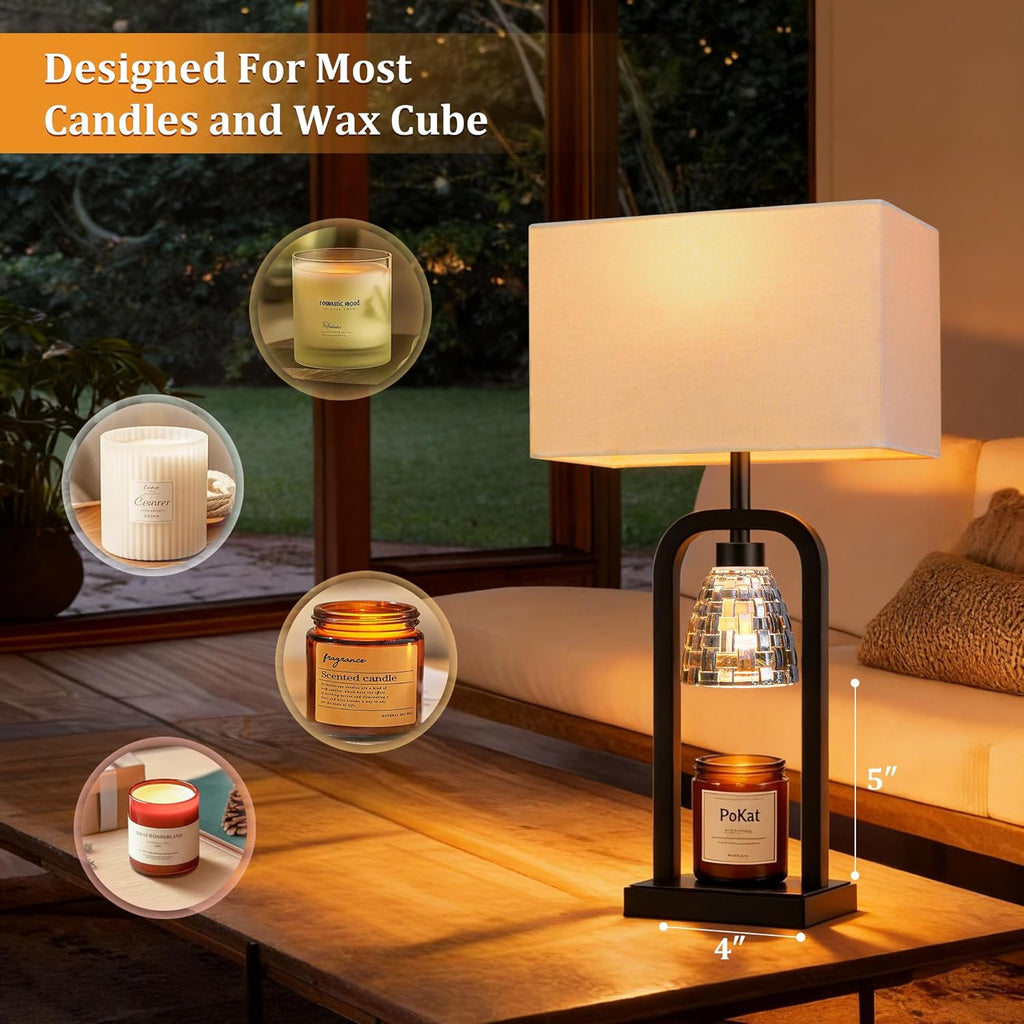 PoKat Bedside Table Lamps with Candle Warmer & Timer for Bedroom, Farmhouse Lamps Set of 2 for Night Stands, 21.5'' Bedroom Lamps Decor for Living Room, Side Table, Hallway, Bulbs Included, Black