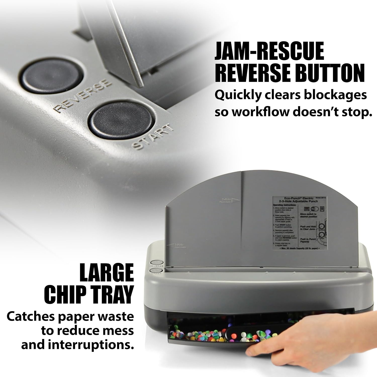 Officemate Electric 2-3 Hole Punch, Adjustable Desktop Eco-Punch, 30-Sheet Capacity, Built-in Paper Guide, Chip Tray & AC Adapter, Gray/Black (90115)