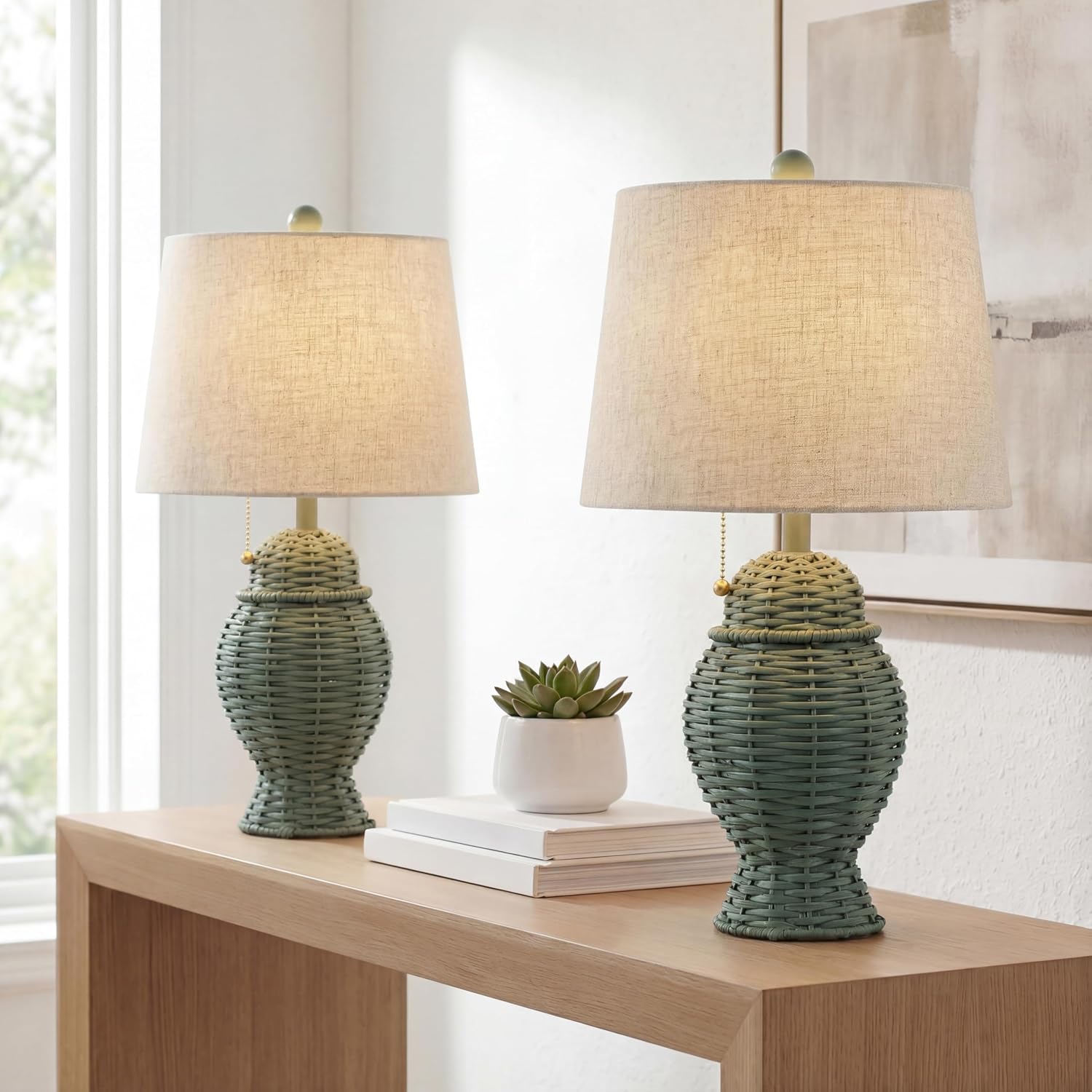 JONATHAN Y 20.5' Green Wicker Table Lamp Set of 2, Bohemian Rustic Farmhouse Bedside Lamps for Living Room, Nightstand Desk Lamps with Beige Linen Shade, LED Bulbs Included (JYL4041C-SET2)