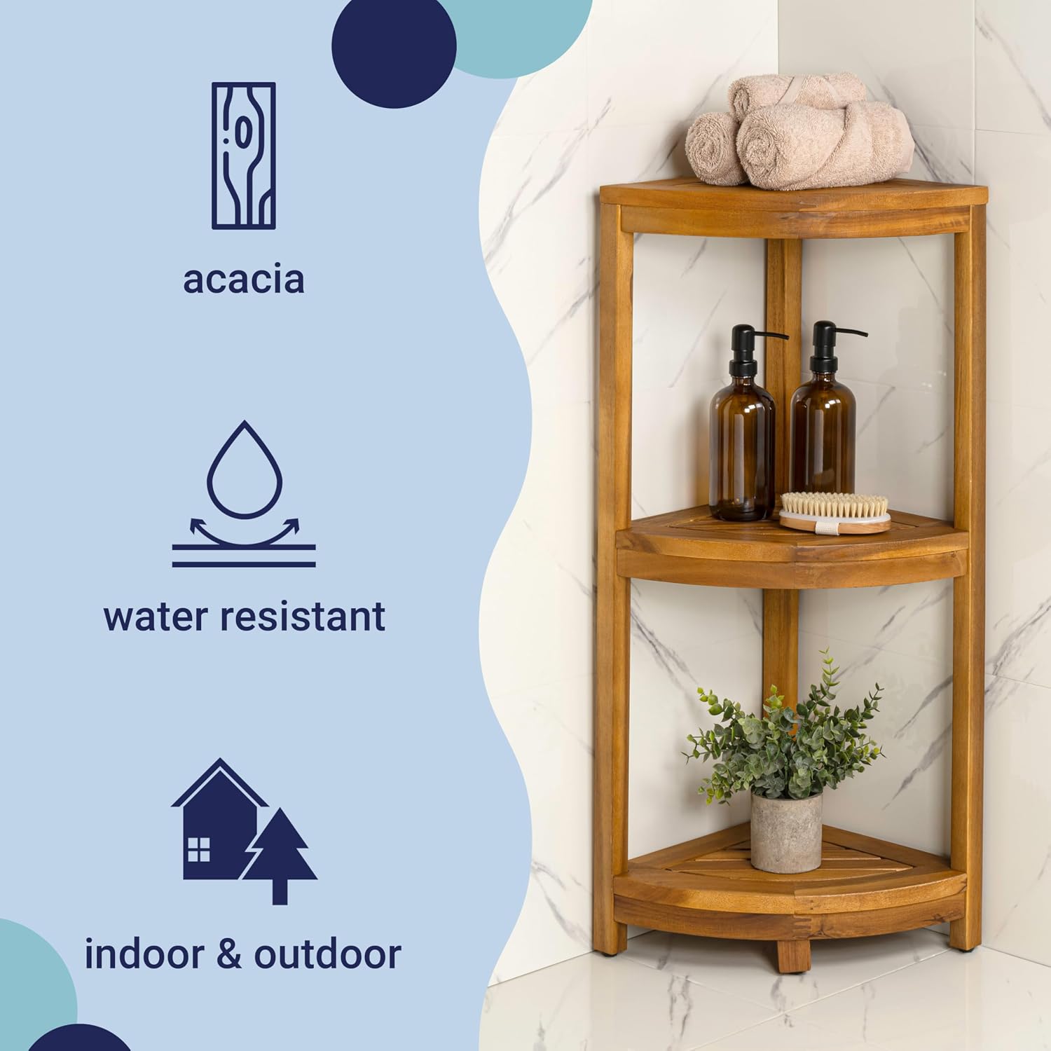 Eyely FHS1000A Etsim 33' Classic Minimalist 3-Tier Acacia Wood Freestanding Bathroom Corner Shelf, Shower Organizer, Storage Rack for Bath, Office, Kitchen Desktop, Natural