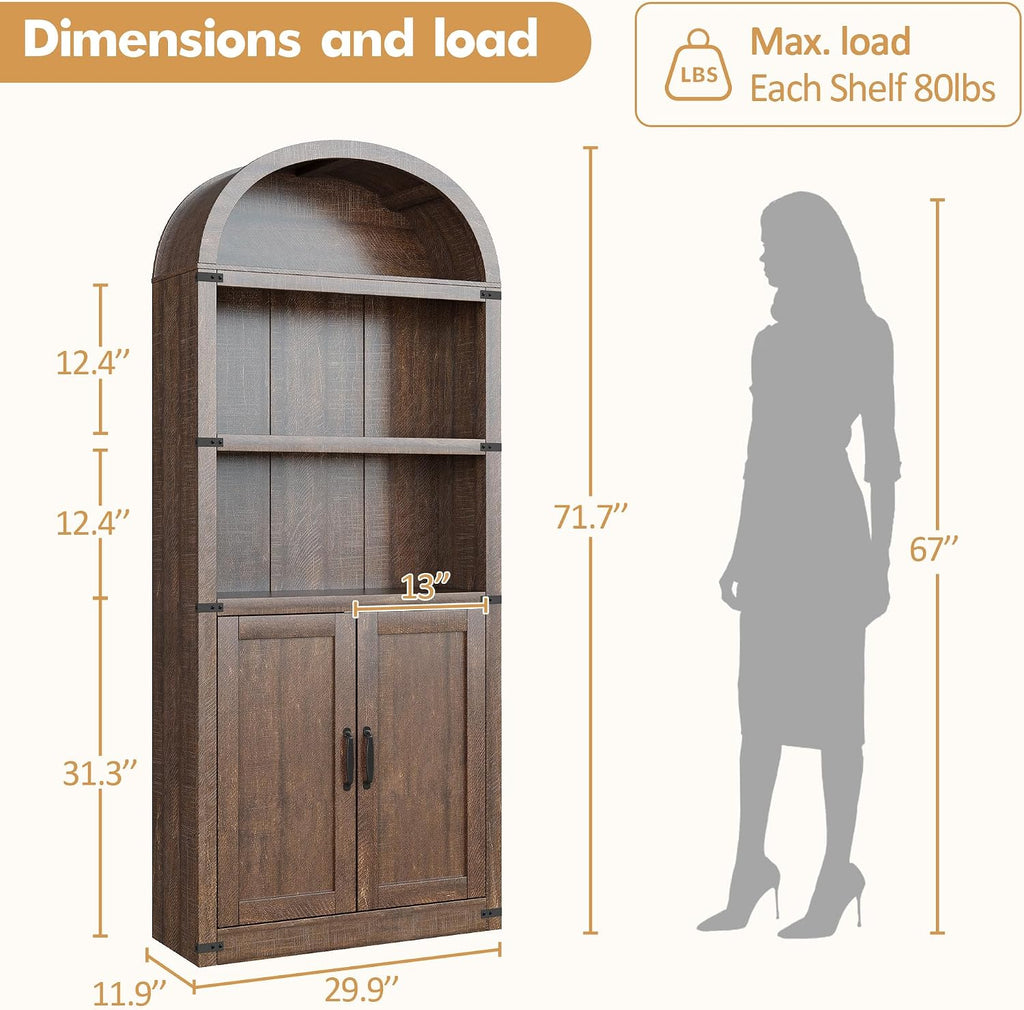 GarveeHome Bookcase with Doors Arched Bookshelf 71.65in Tall Bookcase Farmhouse Cabinet with Shelves Wooden Bookshelves for Home Office, Living Room (Reddish-Brown)