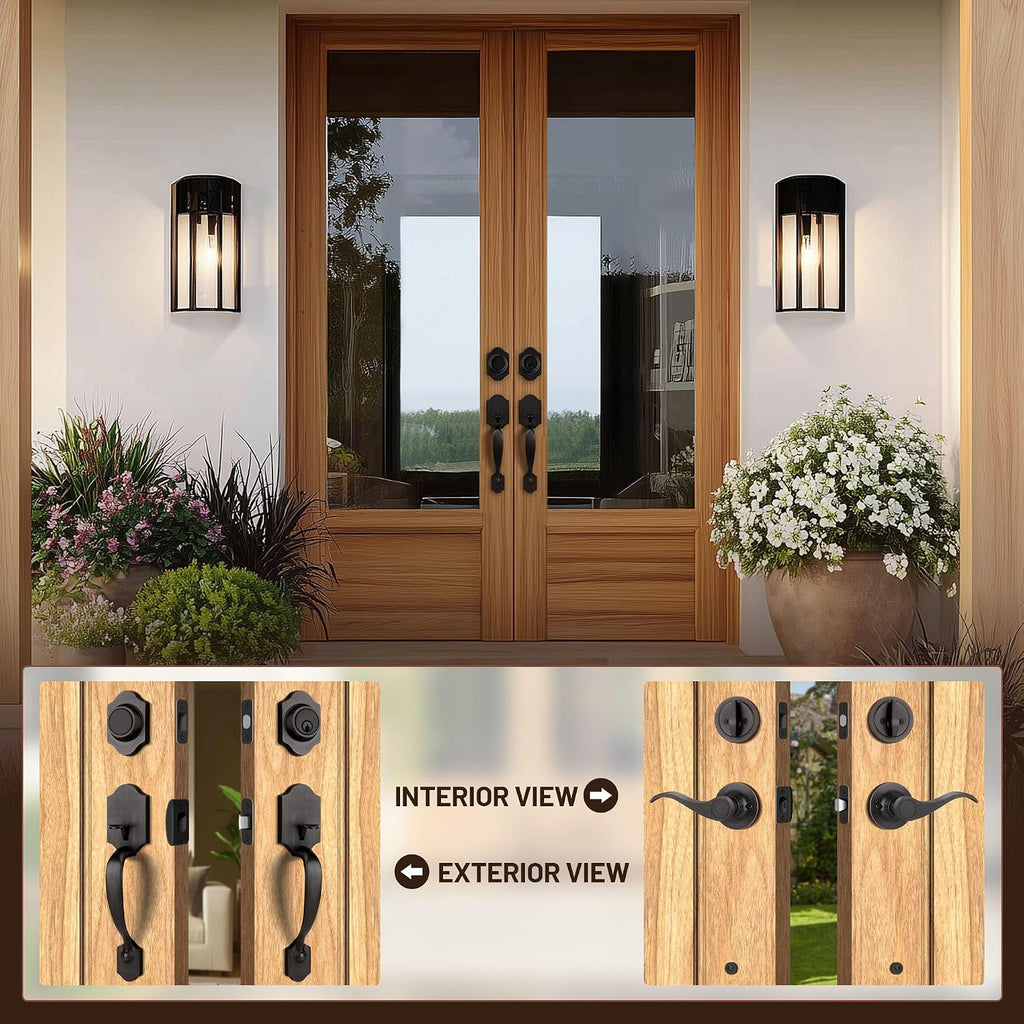 Double Front Door Handle Set with Dummy and Deadbolt, Entry Front Door Lock Set with Classic Half Grip Curved Door Handle for Exterior Doors or Office, Oil Rubbed Bronze