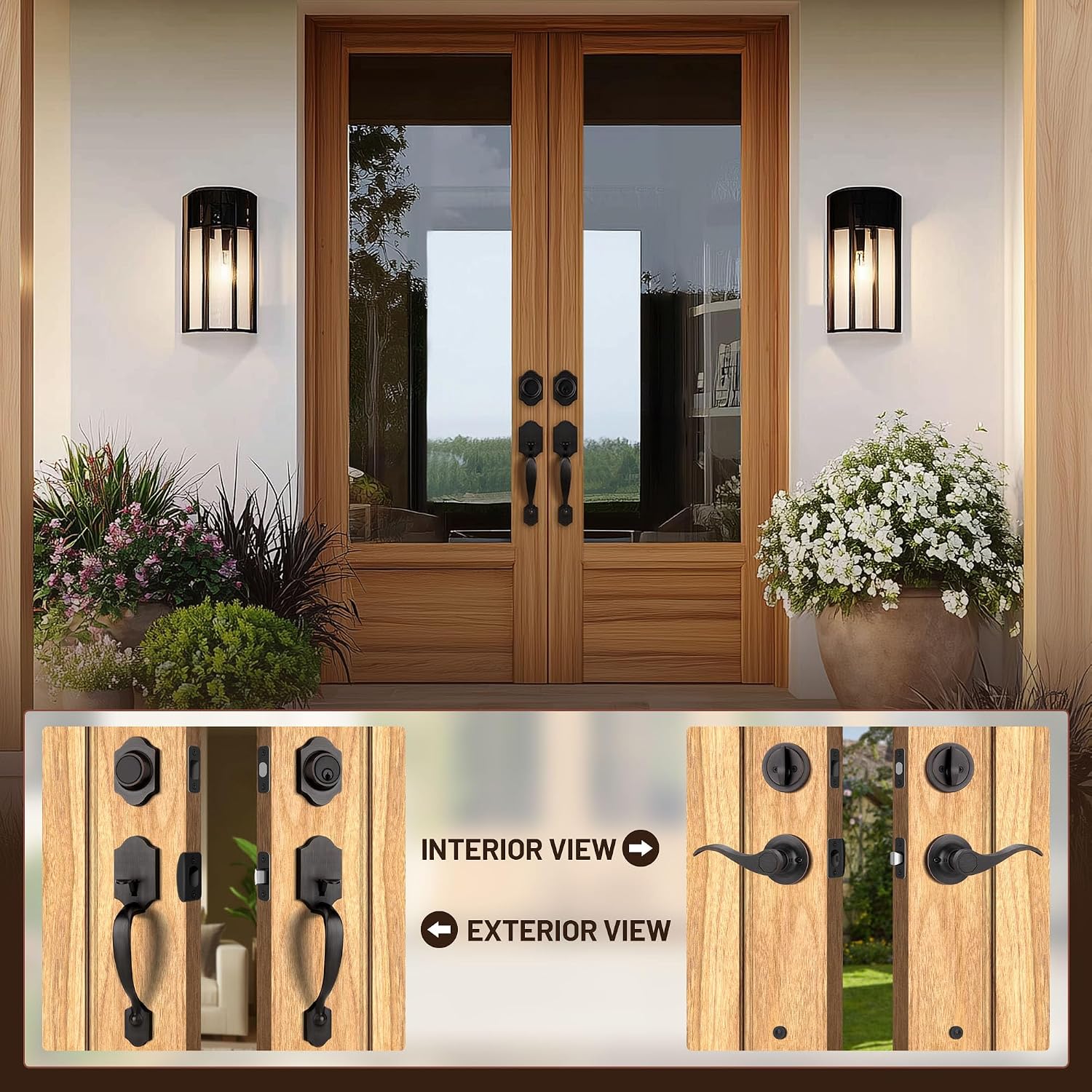 Double Front Door Handle Set with Dummy and Deadbolt, Entry Front Door Lock Set with Classic Half Grip Curved Door Handle for Exterior Doors or Office, Oil Rubbed Bronze