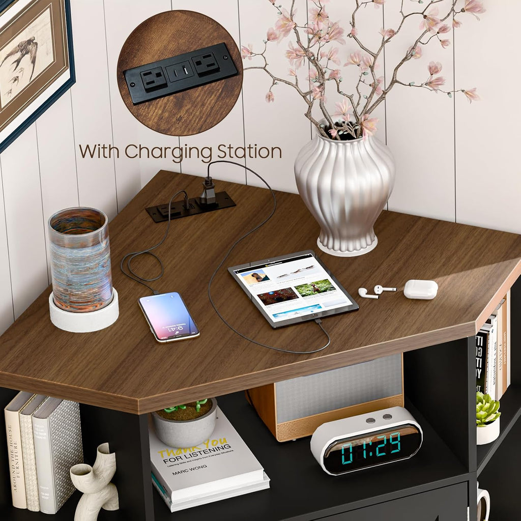 Halitaa Corner Storage Cabinet, Farmhouse Corner Bookshelf with Storage 6-Cubby Wooden Cabinet with USB Ports and Outlets Industrial Organizer for Small Space, Study, Playroom, Black and Brown