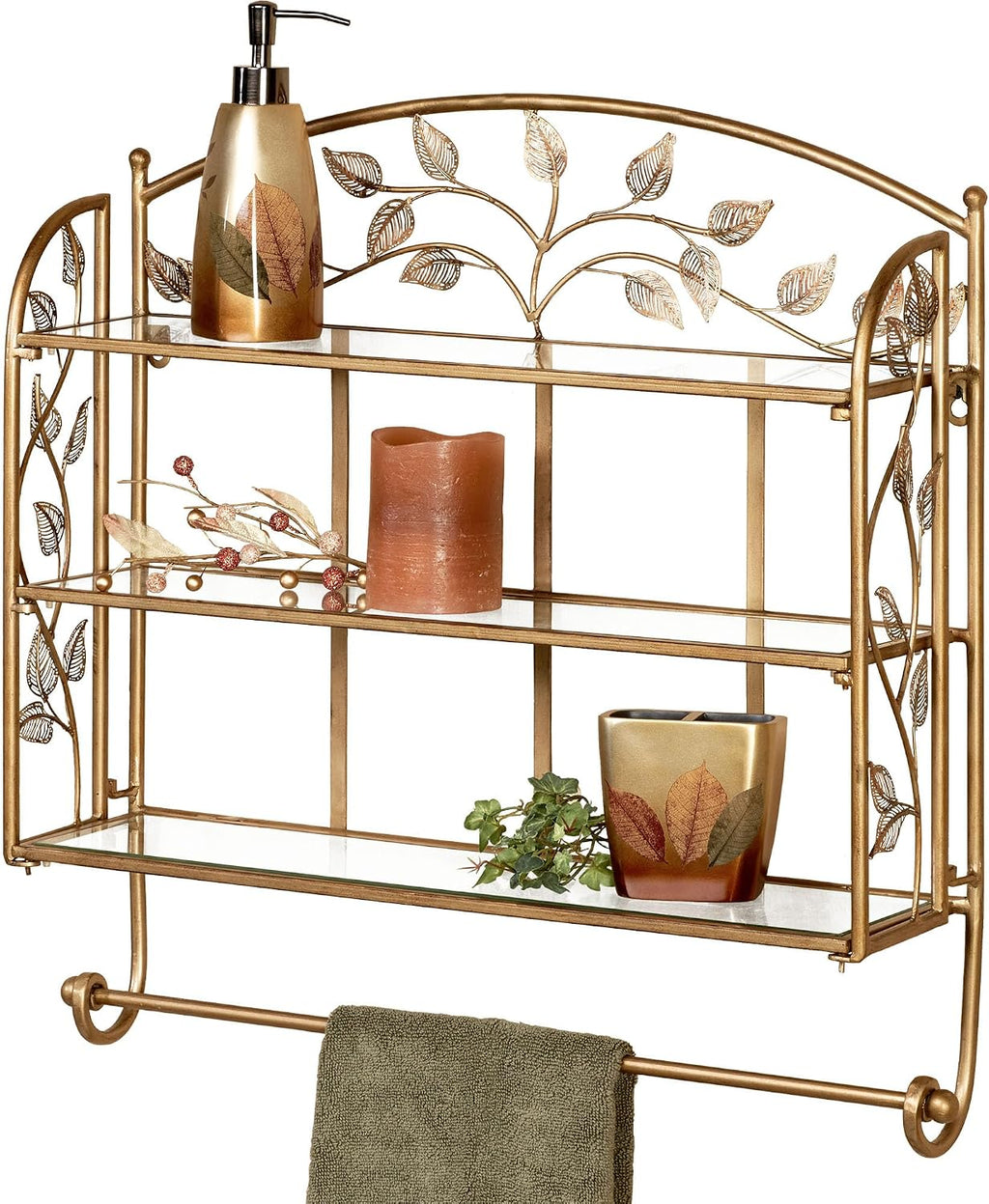 Touch of Class Eden Powder Coated Metal Wall Shelf with Glass Shelves and Towel Bar Champagne Bronze 24' Wx6 Dx24 H