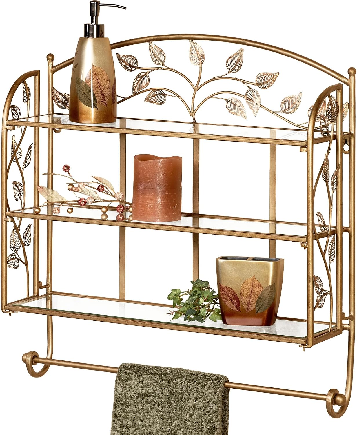 Touch of Class Eden Powder Coated Metal Wall Shelf with Glass Shelves and Towel Bar Champagne Bronze 24' Wx6 Dx24 H
