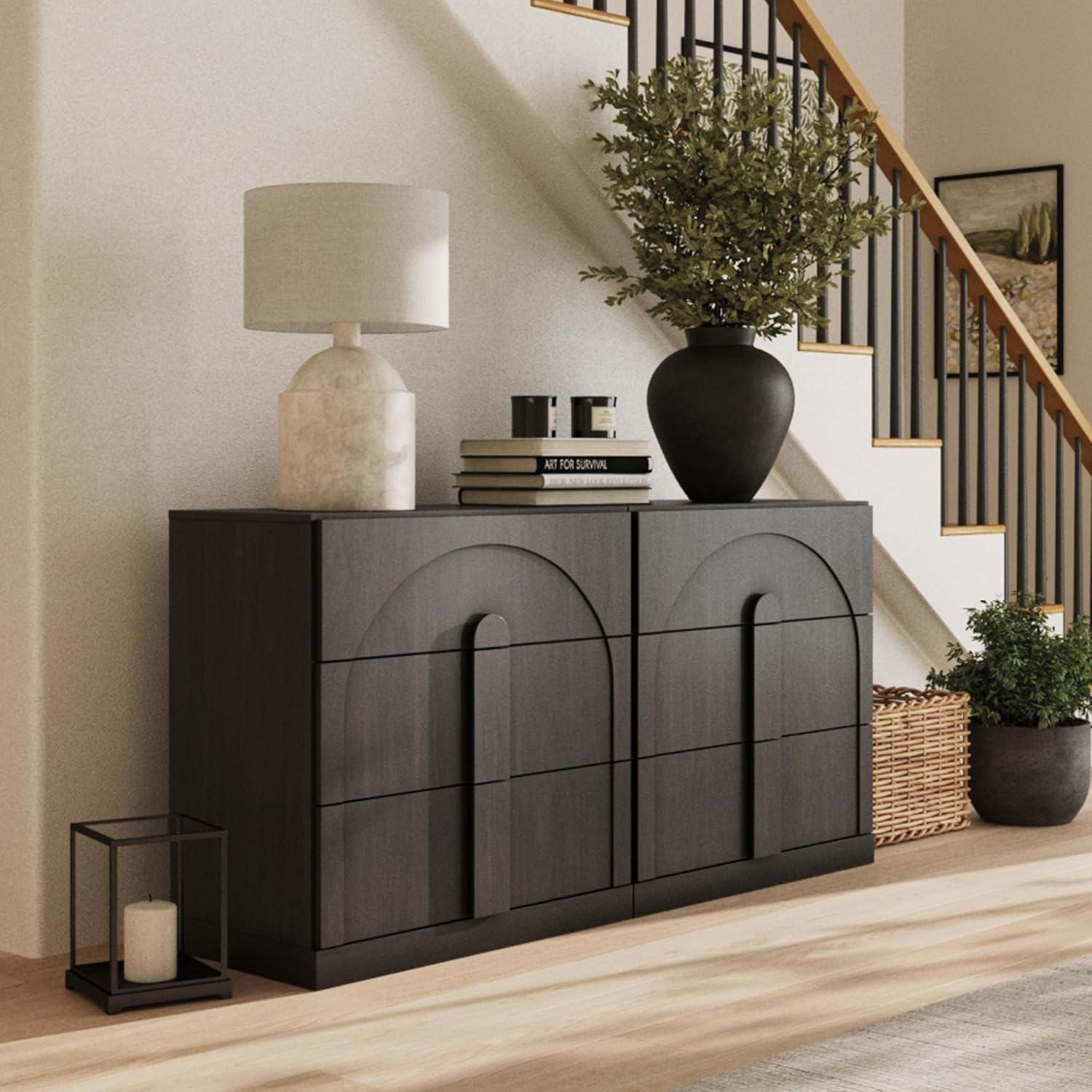 BELLEZE Sideboard Cabinet with 3 Drawers, Set of 2 Modern Wood Buffet Cabinet with Arc Design, Large Fluted Sideboard with Storage for Dining Room Living Room Entryway, Ebony