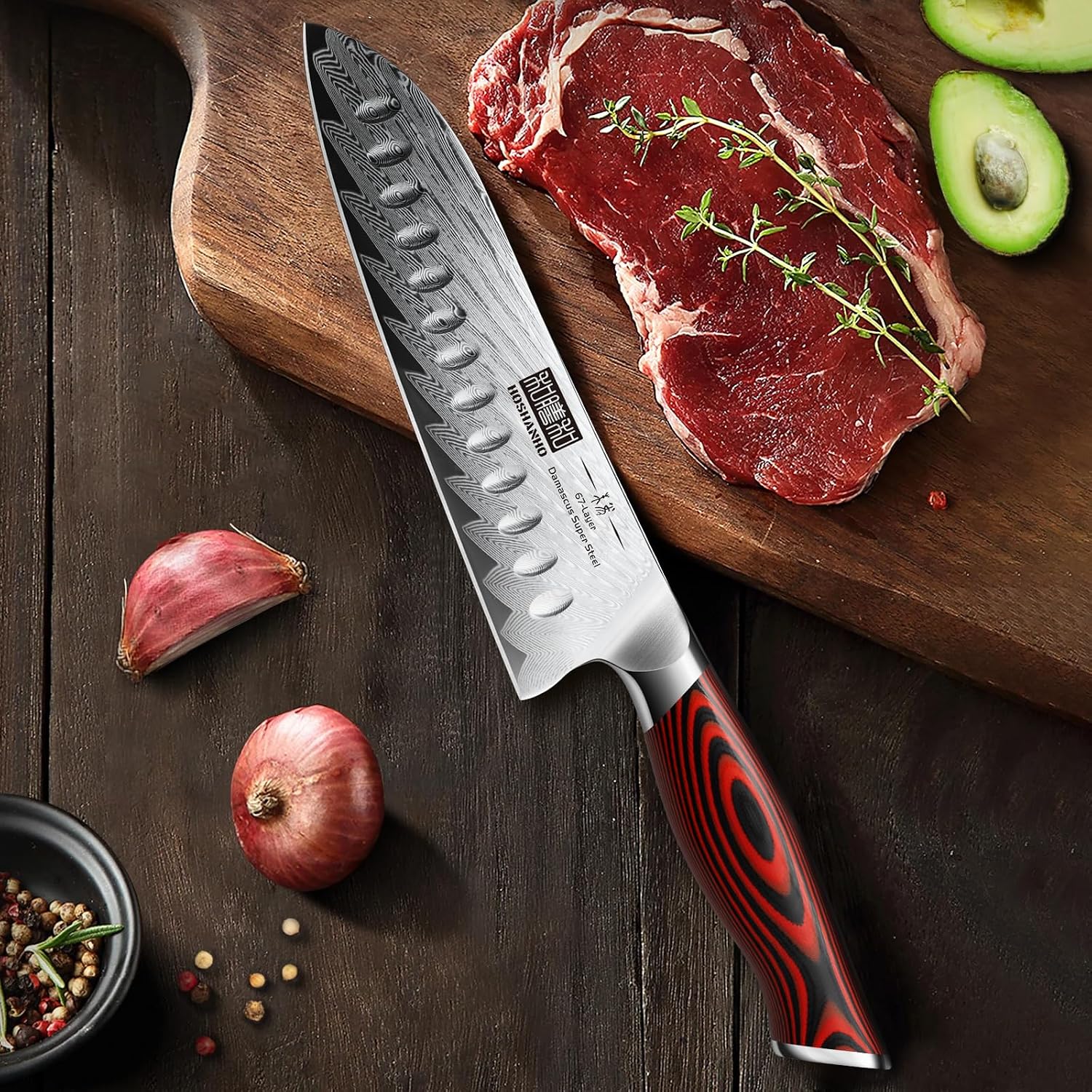 HOSHANHO Kitchen Knife Set with Block, 7 Pieces Chef Knife Set 67 Layers Damascus Steel Professional Knife Set for Cooking, Ergonomic G10 Handles with Sharpener
