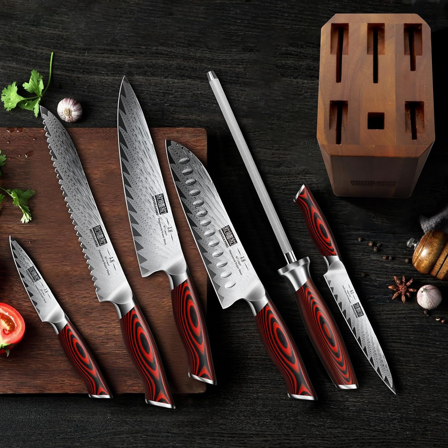 HOSHANHO Kitchen Knife Set with Block, 7 Pieces Chef Knife Set 67 Layers Damascus Steel Professional Knife Set for Cooking, Ergonomic G10 Handles with Sharpener
