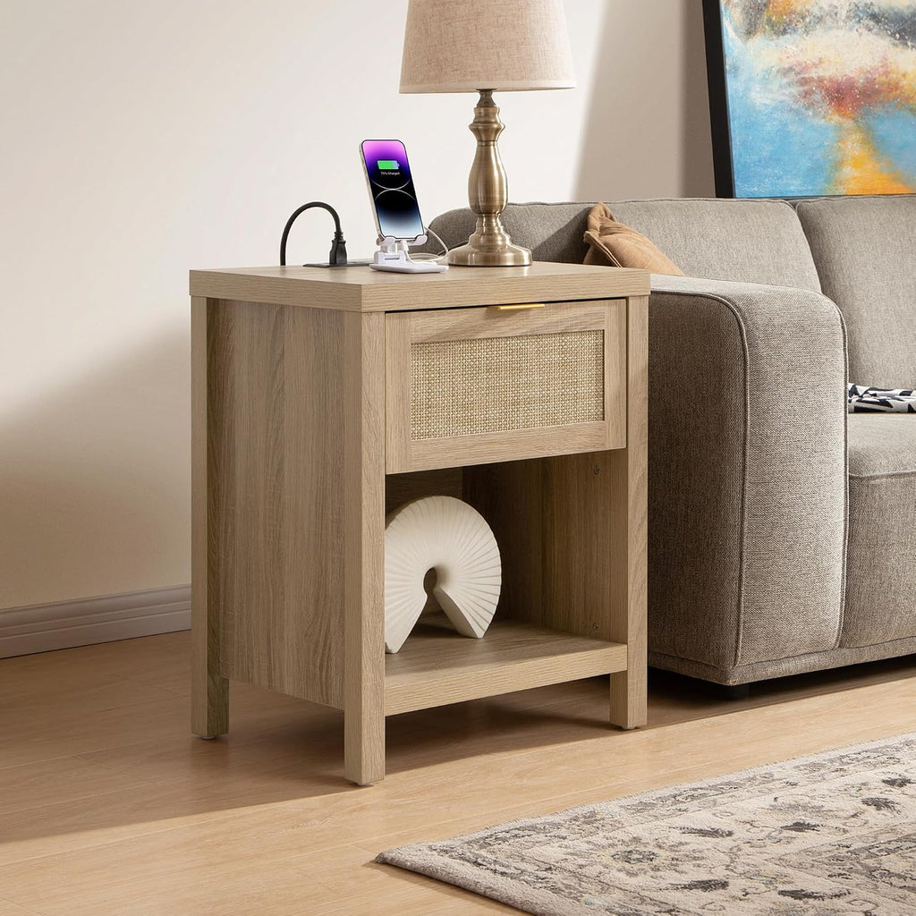 SICOTAS Night Stand Set of 2 with Charger Station Rattan Nightstands with Drawer Farmhouse Bedside Table with USB and Type-C Ports Boho End Side Table for Bedroom Small Space, Light Oak