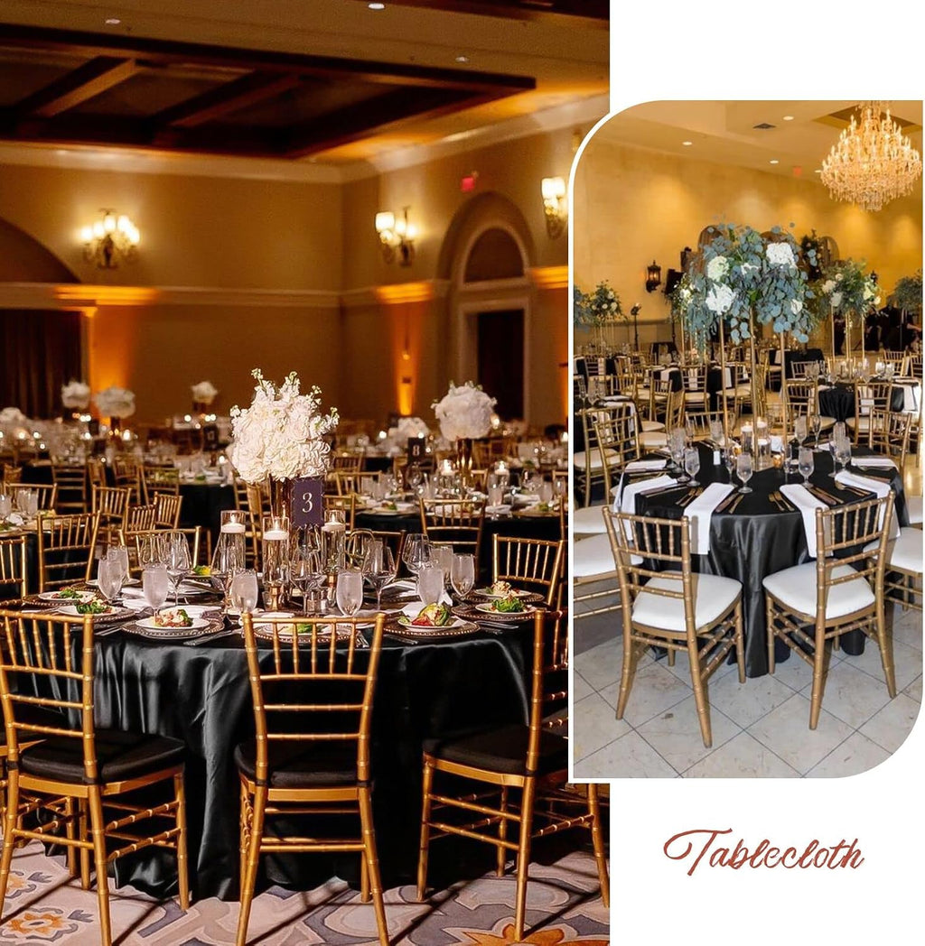 12 Pack 120 Inch Round Tablecloth, Black Satin Fabric Table Cloth for Round Tables, Wrinkle Resistant Washable TableCover Bright Silk Table Clothes for Wedding Party Dining Tables Banquet