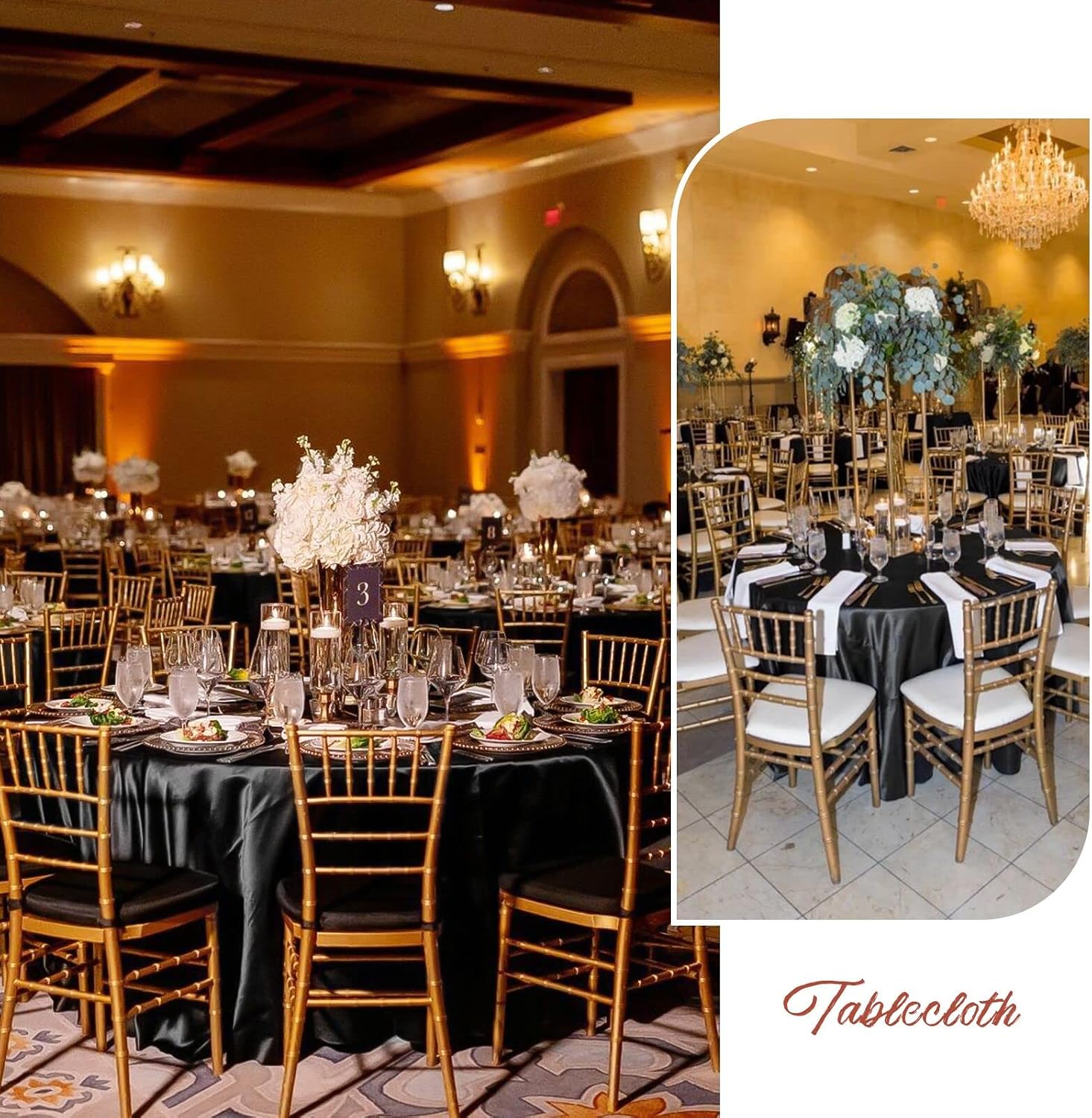12 Pack 120 Inch Round Tablecloth, Black Satin Fabric Table Cloth for Round Tables, Wrinkle Resistant Washable TableCover Bright Silk Table Clothes for Wedding Party Dining Tables Banquet