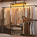 Cyclysio Industrial Pipe Clothing Rack, Reversible 7.25FT Wall Mounted Clothes Rack, Heavy Duty Garment Racks Closet Wardrobe with LED Lights& Shelves, Walk-in Closet System, Grey