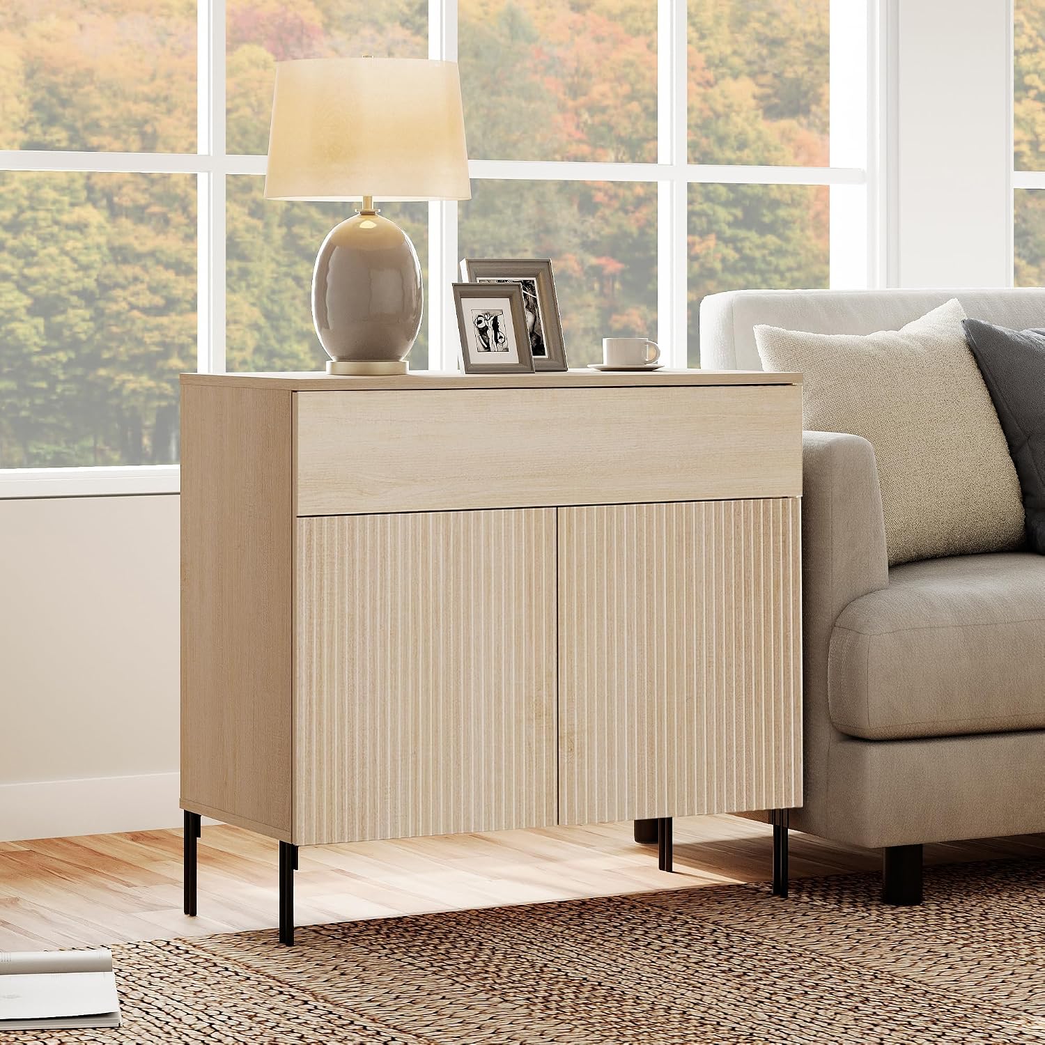 WAMPAT 31.5' W Fluted End Table, Modern Mid Century Side Table with Lagre 1 Drawer & 2 Doors, Wooden Bedside Table with Storage and Hidden Handle for Bedroom, Living Room, Beige